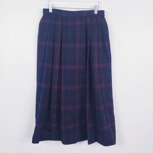 Vintage Plaid Pleated Wool Midi Skirt Size 14 Pink, Green, and Blue